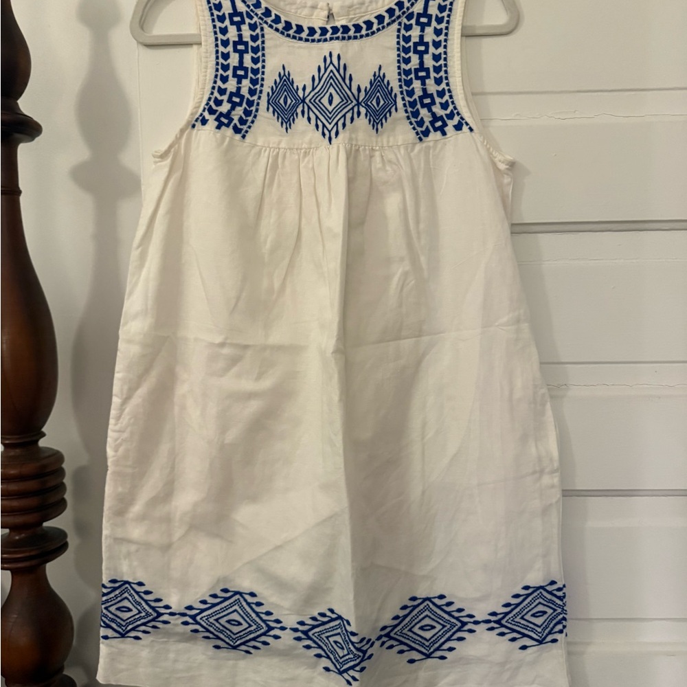 J. Crew Factory White Sleeveless Dress with Royal Blue Embroidery